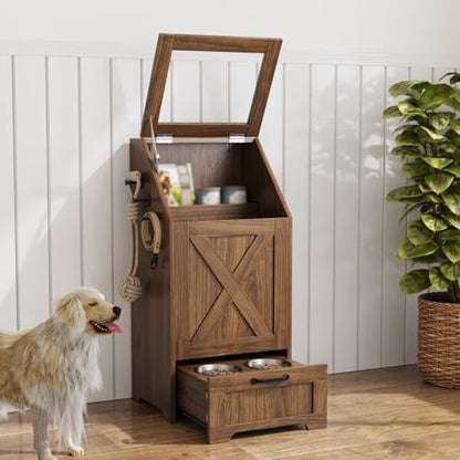 Dog Feeding Station with 2 Elevated Bowls, Dog Food Storage Cabinet with Pet Toy Organizer and Flip Top Pet Feeding Station,Hidden Pet Feeder Station for Cats and Dogs(Walnut) - color: Dog Feeding Station-Walnut