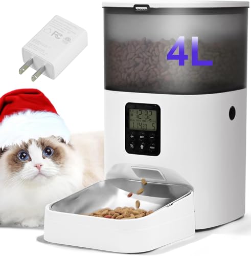 Automatic Cat Feeder, 4L Cat Food Dispenser with 10s Voice Recorder, Pet Feeder up to 8 Meals per Day, Timed Dog Feeder with Dry Food Sealed Ring - color: Jade white-pro