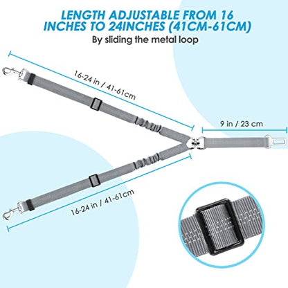 SlowTon Dog Seat Belt, Double Dog Seatbelt Adjustable Vehicle Safety Leash with Elastic Bungee Buffer, Reflective No Tangle Y Shape Two Dog Harness Seat Belt Splitter for Pets Car Trip (Grey, S) - color: G.Grey, size: 2 Small in 1