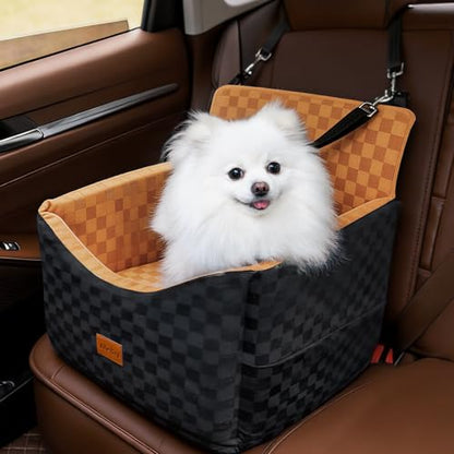 Dog Car Seats for Small Medium Dogs Up to 35lbs | Elevated Dog Booster Seat with Detachable Washable Cover & Cushion | Memory Foam Pet Car Travel Seat with Safety Belt and Storage Pockets - color: Brown
