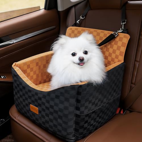 Dog Car Seats for Small Medium Dogs Up to 35lbs | Elevated Dog Booster Seat with Detachable Washable Cover & Cushion | Memory Foam Pet Car Travel Seat with Safety Belt and Storage Pockets - color: Brown