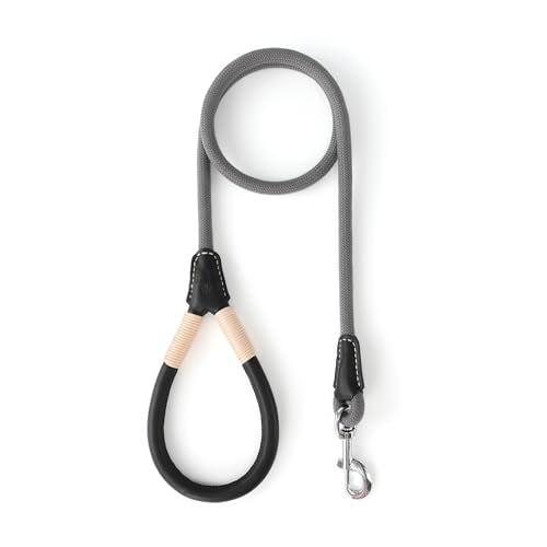 Mile High Life Dog Leash, Rope Leash with Genuine Leather Handle and Heavy Duty Metal Clasp, Great for Small Medium Large Dogs (Gray, 4FT) - color: Leather Handle-Gray, size: 48 Inch-1/2"