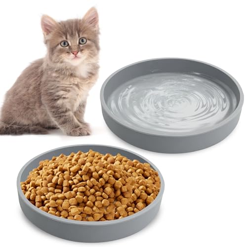 Silicone Cat Food Bowls Shallow Cat Dishes 5.9in Wide Pet Plates Set of 2 Small Flat Dog Saucer Bowl Cute Whisker Fatigue Kitten Feeding Dish for Dry & Wet Food (Round Grey) - color: Grey, size: M: 5.9 inches - without Suction Cup