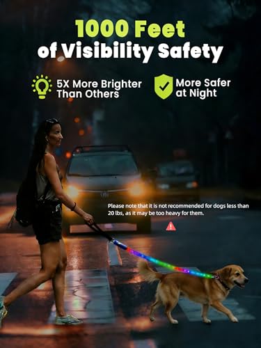 Xeuch Light Up Dog Leash, LED Pet Leash for Night Walking,13 Lighting Modes, Rechargeable Dog Lights, Glow in The Dark Walking Leashes with Tangle-Free Hook for Medium Large Dogs (Leash-5Ft) - color: Leash-5Ft