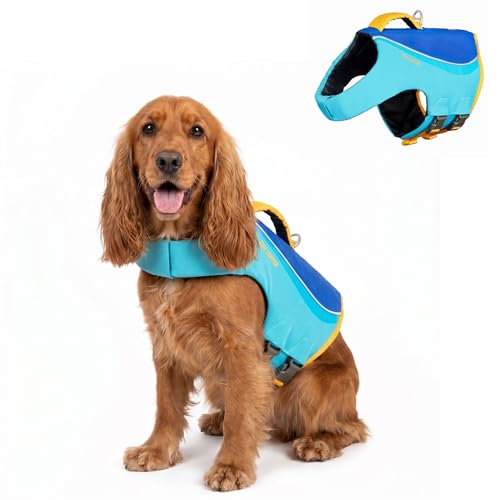Tuff Pupper Dog Life Jacket | High Buoyancy Dog Swim Vest with Rescue Handle | Adjustable Secure Fit | Reflective Safety Trim | Pet Flotation Jacket for Swimming Boating Kayaking (Blue/Yellow, S) - size: Small