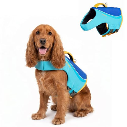 Tuff Pupper Dog Life Jacket | High Buoyancy Dog Swim Vest with Rescue Handle | Adjustable Secure Fit | Reflective Safety Trim | Pet Flotation Jacket for Swimming Boating Kayaking (Blue/Yellow, S) - size: Small