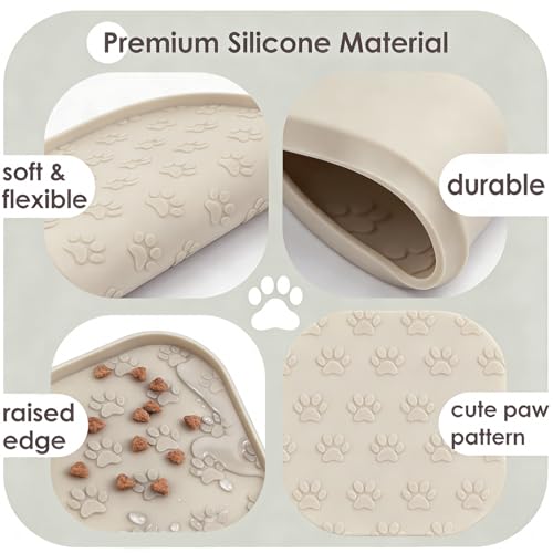 2 Pack Pet Feeding Mats, Waterproof Anti-Slip Placemats for Dog Cat Bowl Silicone Pet Food Mat, Raised Edge Prevent Spills on Floor & Carpet, Dishwasher Safe (2 Beige, 11" x 11") - color: 2 Beige