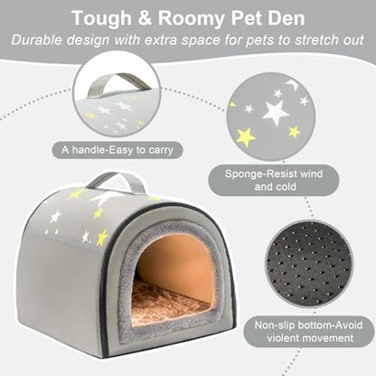 Jiupety Cozy Small Pet Dog House, 2 in 1 Puppy House, S Size for Cat and Puppy, Warm Cave Sleeping Nest for Cats and Dogs, S(14"×12"×11"), Up to 5 Lb, Grey - style: S