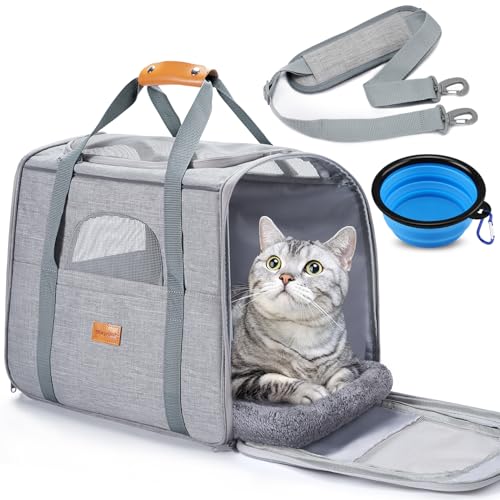 Morpilot Portable Cat Carrier - Soft Sided Cat Carrier for Medium Cats and Puppy up to 15lbs, Pet Carrier with Locking Safety Zippers, Foldable Bowl, Airline Approved Travel Dog Carrier - Light Gray - color: Light Gray, size: 17.3"L x 12.2"W x 13.4"H