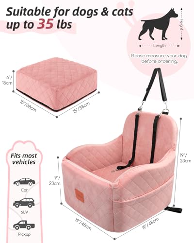 Lealchum Dog Booster Car Seat for Small/Medium Dogs,Soft Puppy Portable Car Seat with Elevated Cushion,Fits in Front/Back Seat,Fully Detachable and Washable,Easy to Install (Pink, Medium) - color: Pink