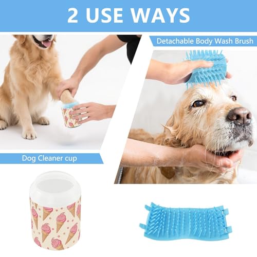 Ice Cream Beige Pattern Dog Paw Cleaner Cup with Soft Silicone Brush, Lightweight Portable Small Muddy Paw Washer for Dogs, Easy to Use Pet Foot Cleaner