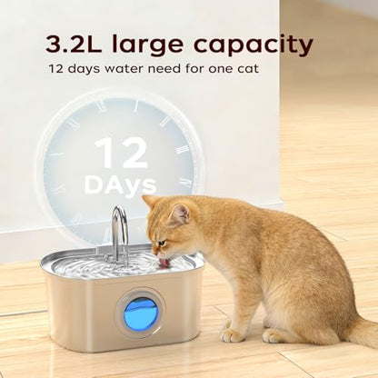 Cat Water Fountain Stainless Steel, 108oz/3.2L | Water Level Window, Quiet Automatic, For Cats and Small Dogs