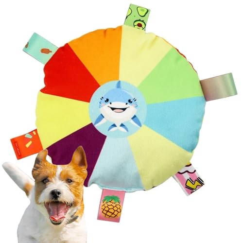 Stuffed Colorful Plush Flying Disc Dog Toy Soft Squeaky Aggressive Chewer Puppy Teething Chew Toy for Small Big Large Dogs (Shark)