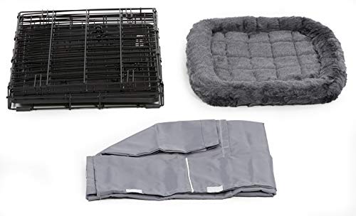 MidWest Homes for Pets Double Door 24-inch Dog Crate Kit, Bundle Includes a Two-Door Cage, Matching Gray Bed and Crate Cover, For Small Breeds