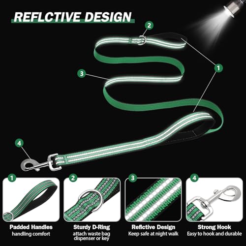 Hikiko 6 FT Heavy Duty Dog Leash with 2 Padded Handles Reflective Nylon Double Handle Dog Leash, Green - color: Green, size: 1 in x 6 ft