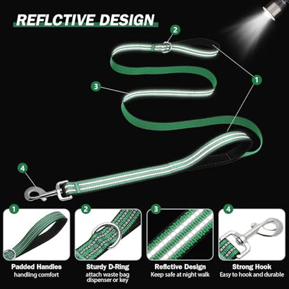 Hikiko 6 FT Heavy Duty Dog Leash with 2 Padded Handles Reflective Nylon Double Handle Dog Leash, Green - color: Green, size: 1 in x 6 ft