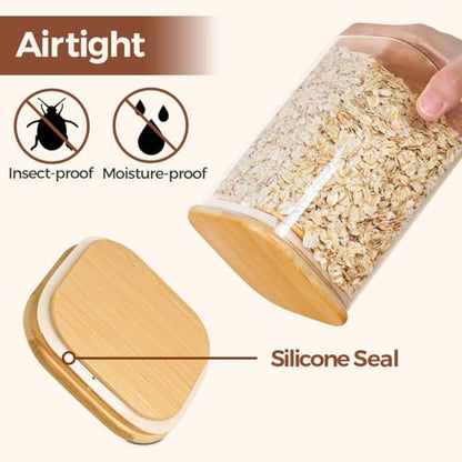 ComSaf 0.8 Qt Glass Jars with Bamboo Lids & Spoons Set of 4, Square Glass Containers with Lids, Sugar Coffee Containers Salt Spice Jars, Pantry Storage Container for Loose Tea, Candy, Brown Sugar, Nut - size: 0.8Qt*4
