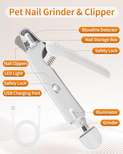 2-in-1 Cat & Dog Nail Clippers & Grinder with LED Light to Avoid the Quick | Quiet USB Rechargeable Pet Nail Trimmer with Safety Guard for Small Medium Large Pets