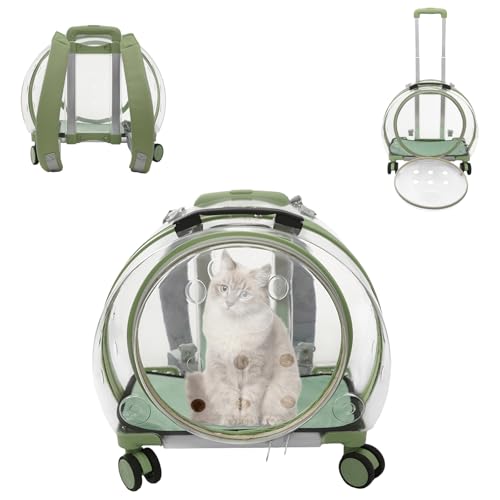Cat Carrier with Wheels, Breathable Cat Rolling Carrier with Telescopic Handle, Bubble Cat Backpack Carrier, Clear Pet Travel Bag for Small Dogs Pets, up to 19lbs, 15.7" x 10.6" x 17.7" (Green) - color: Transparent Green