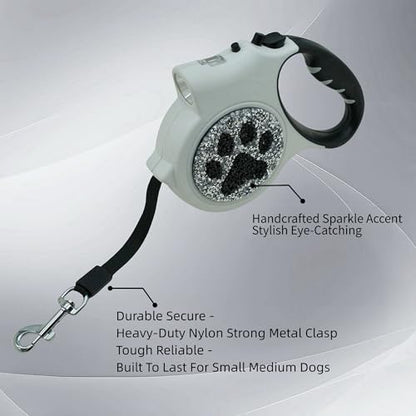 Led Retractable Dog Leash – 16ft Leash with Handcrafted Sparkle Detail Tangle-Free One-Hand Brake Soft Grip Handle for Small & Medium Dogs Up to 77lbs (DL-White) - color: DL-White