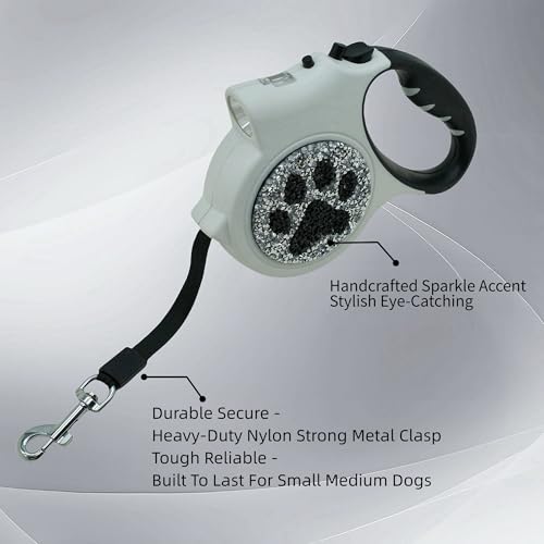 Led Retractable Dog Leash – 16ft Leash with Handcrafted Sparkle Detail Tangle-Free One-Hand Brake Soft Grip Handle for Small & Medium Dogs Up to 77lbs (DL-White) - color: DL-White