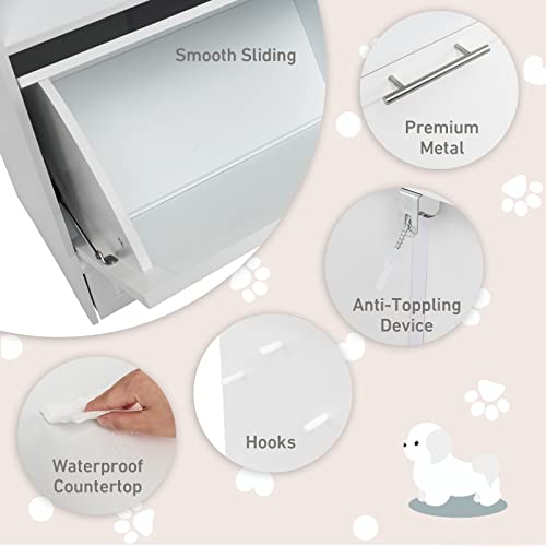 Dog Feeding Station, Dog Food Storage Cabinet w/Double Raised Dog Bowls, Pull Out Design, Large Dog Feeder Station Container for Pets Toy, Feeding & Watering Supplies (White) - color: White