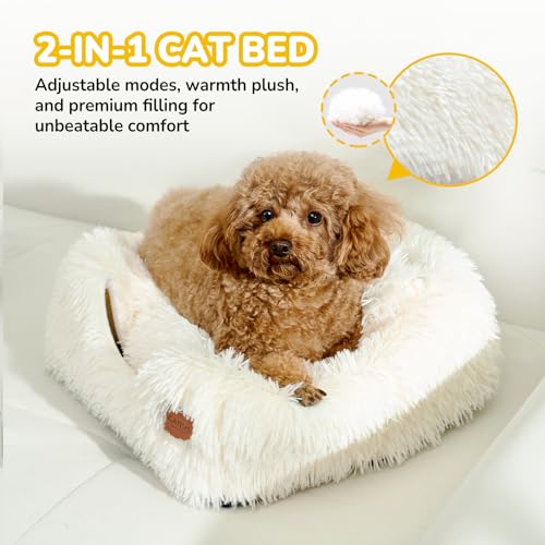 CATISM Cat Bed, Cat Cave for Indoor Cats, Soft Cat Dome, Self-Warming 2 in 1 Foldable Pet Cat House with Washable Cushioned Pillow Calming Fluffy Dog Beds for Small Dogs with Anti-Slip Bottom White - color: White