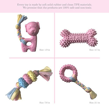 Puppy Toys for Teething, Dog Chew Toys for Small & Medium Breeds, Soothe Teething Pain, Lessens Anxiety, Durable, All-Natural Rubber and Cotton, 4-Pack (Pink)