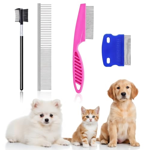 4 Pack Pets Grooming Comb Kit for Small Puppies, High Strength Teeth Pet Tear Stain, 2-in-1 with Round Teeth to Remove Knots Crust Mucus