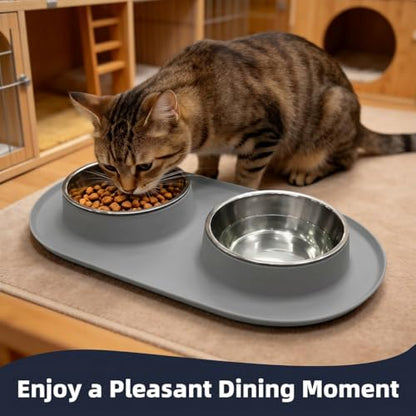 Double Stainless Steel Cat Food Bowls with Non-Slip Silicone Mat, Double Pet Feeder for Food & Water, Spill Proof Cat Dish Set for Small Medium Dogs & Cats, 1.5 Cups Each Bowl, Grey Mediun - color: Grey
