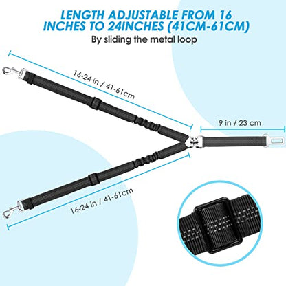 SlowTon Dog Seat Belt, Double Dog Seatbelt Adjustable Vehicle Safety Leash with Elastic Bungee Buffer, Reflective No Tangle Y Shape Two Dog Harness Seat Belt Splitter for Pets Car Trip (Black, S) - color: A.Black, size: 2 Small in 1