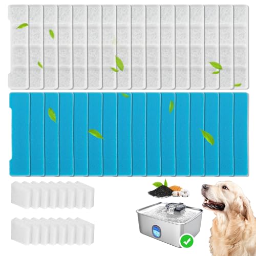 16+16 Pack Replacement Filters Compatible with SIBAYS/Kastty 4Gal/15L Stainless Steel Dog Water Fountain, Includes 16 Filters & 16 Sponges