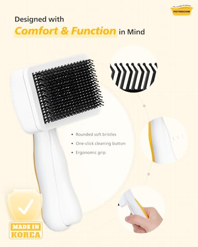 PETHROOM Self-Cleaning Slicker Brush for Dogs & Cats – Gentle Grooming & Deshedding Tool, Removes Mats & Tangles, Skin-Friendly Coated Tips, One-Touch Hair Removal Button