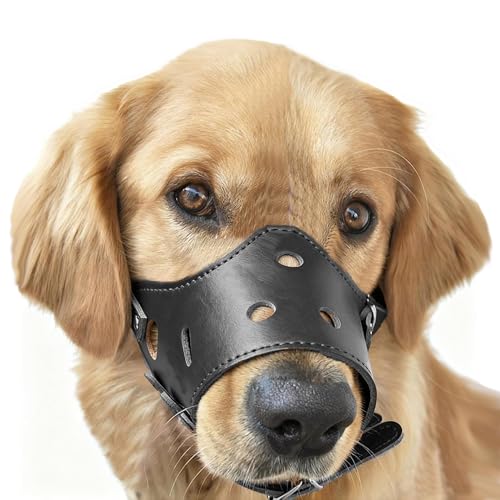 Soft PU Leather Dog Muzzles for Small Medium Large Dogs,Ajustable Breathable Dog Mouth Guard Cover to Prevent Biting Barking Chewing (Black, 5#XL) - color: Black, size: 5#XL