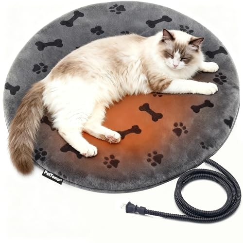 Pet Heating Pad for Cats Dogs Indoor & Sheltered Outdoor Waterproof Heated Cat Bed Heated Dog Bed Chew Resistant Cord Constant Temperature Gray Paw Print Round 16 Inch - color: Grey, size: Round: 16" x 16" x 1.3"