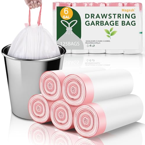 6 Gallon Trash Bags Drawstring Unscented - White Medium Kitchen Garbage Bags Plastic 125 Count 22.5 Liter Recycling Office Bathroom Waste Basket Liners Strong Thick Bulk Magesh - color: Drawstring-6Gal125