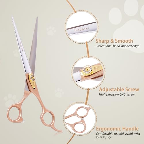 Professional Dog Grooming Scissors Rose Gold 440C Stainless Steel Straight Thinning Curved Chunker Shears for Pet Grooming Services Dogs and Cats (Straight, 7.5‘’) - size: 7.5‘’, style: Straight