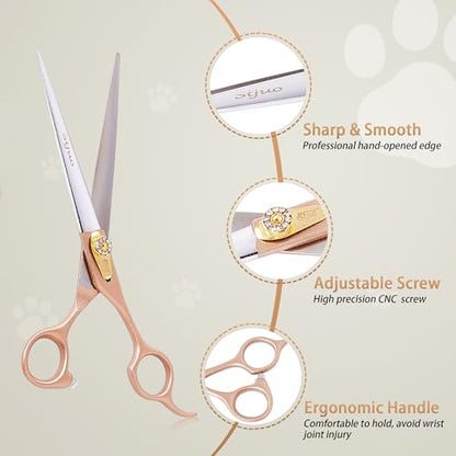 Professional Dog Grooming Scissors Rose Gold 440C Stainless Steel Straight Thinning Curved Chunker Shears for Pet Grooming Services Dogs and Cats (Straight, 7.5‘’) - size: 7.5‘’, style: Straight