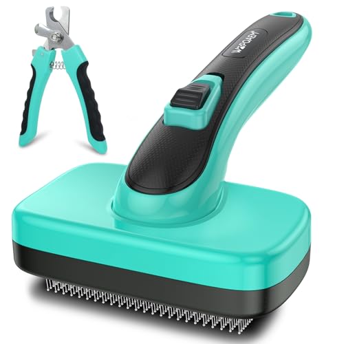 Self Cleaning Slicker Brush & Nail Clippers for Dog and Cats | 2 Pcs, Shedding Long and Short Haired Pets, Skin Friendly, Deshedding Grooming Tool - color: Green 2pc