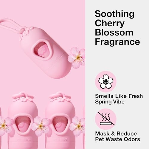 VETRESKA Dog Poop Bag Dispenser with Cherry Blossom Scented Poop Bags, Leak Proof and Extra Thick Pet Waste Bags, 1 Poop Bag Holder and 105 Bags for Dog Walking and Cats Litter, Pink - size: 1 Count (Pack of 105), style: Cherry Blossom