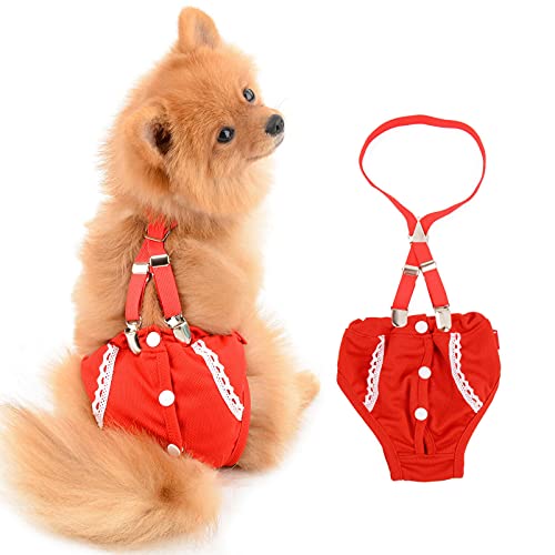 SMALLLEE_LUCKY_STORE Red Lace Girl Dog Diapers for Female with with Suspender Washable Reusable Cloth Sanitary Pants for Heat Cycle Incontinence Puppy Training - size: XS