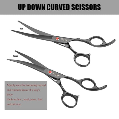 Dog Grooming Scissors Kit, Fcysy Professional Pet Hair Cutting Shears Set with Curved & Straight Blades Scissors Thinning Shears– Stainless Steel Grooming Tools for Dogs & Cats at Home