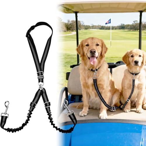 Golf Cart Dog Seat Leash & Safety Harness | Adjustable Pet Seat Belt with Tangle-Free Retractable Strap, Fits All Golf Cart Models (for Double Dog) - size: Double Dog