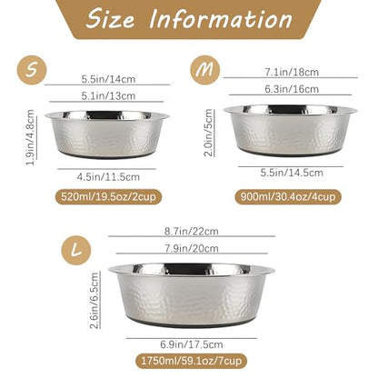 kathson Stainless Steel Dog Bowls 3 PCS Durable Dog Bowls with Rubber Non-Slip Base Cat Dishes for Water and Food Dishwasher Safe for Feeding Small/Medium/Large Sized Pets(8.7in) - size: 8.7in Dia.