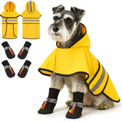 Dog Raincoat and Shoes for Weighing 10-22lbs, Spring Summer Waterproof Dogs Boots & Paw Protectors, Adjustable Pet Poncho with Leash Hole for Large Medium Small Dogs, Yellow(Single Side) - size: 10-22lbs, style: Single Side