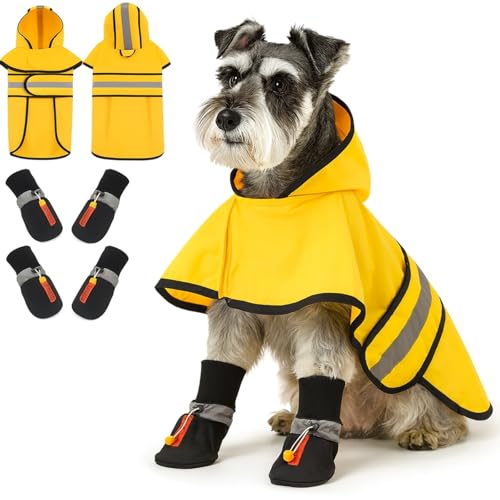 Dog Raincoat and Shoes for Weighing 10-22lbs, Spring Summer Waterproof Dogs Boots & Paw Protectors, Adjustable Pet Poncho with Leash Hole for Large Medium Small Dogs, Yellow(Single Side) - size: 10-22lbs, style: Single Side