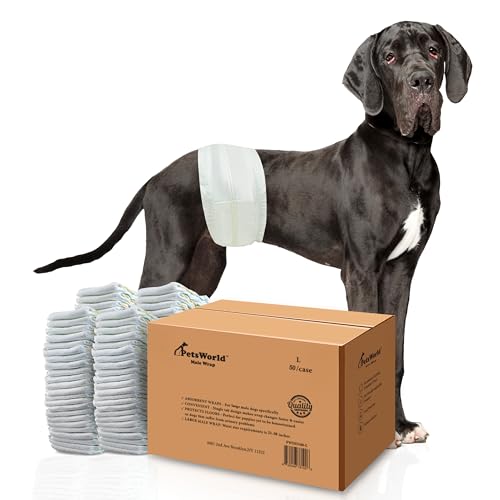 PetsWorld Dog Diapers Male Large - 50 Count Disposable - Super Absorbent, Fur-Friendly Belly Bands with Wetness Indicator - Adjustable Dog Wraps for Incontinence & Training (Waist 25-29.5 in) - size: Large