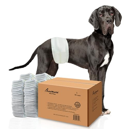 PetsWorld Dog Diapers Male Large - 50 Count Disposable - Super Absorbent, Fur-Friendly Belly Bands with Wetness Indicator - Adjustable Dog Wraps for Incontinence & Training (Waist 25-29.5 in) - size: Large