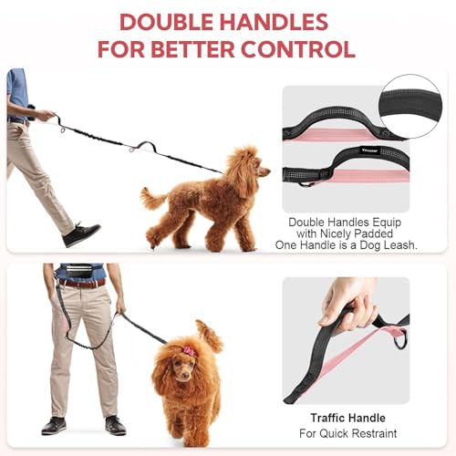 Hands Free Dog Leash, Waist Leash for Dog Walking, Hiking and Running,Adjustable Belt with Double Handle for Large Dogs and Medium Dogs, Dog Walking Accessories,Tangle Free,No Pull - color: Black/Pink
