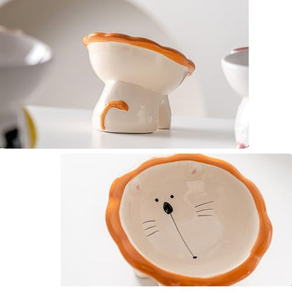 Cat Bowl Elevated Cat Bowls Whisker Friendly Cute Ceramic Tilted Food Bowls for Indoor Cats 6 Inch Wide 15° Raised Kitten Supplies Dishwasher and Microwave Safe Pink Cats Water Bowl - color: Cute Lion Elevated Cat Food Bowl